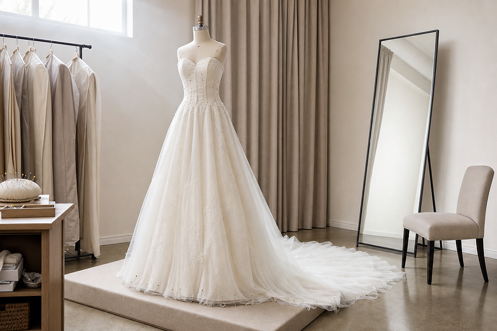 Elegant ivory wedding dress on a mannequin in a fitting room with a mirror and neutral decor.