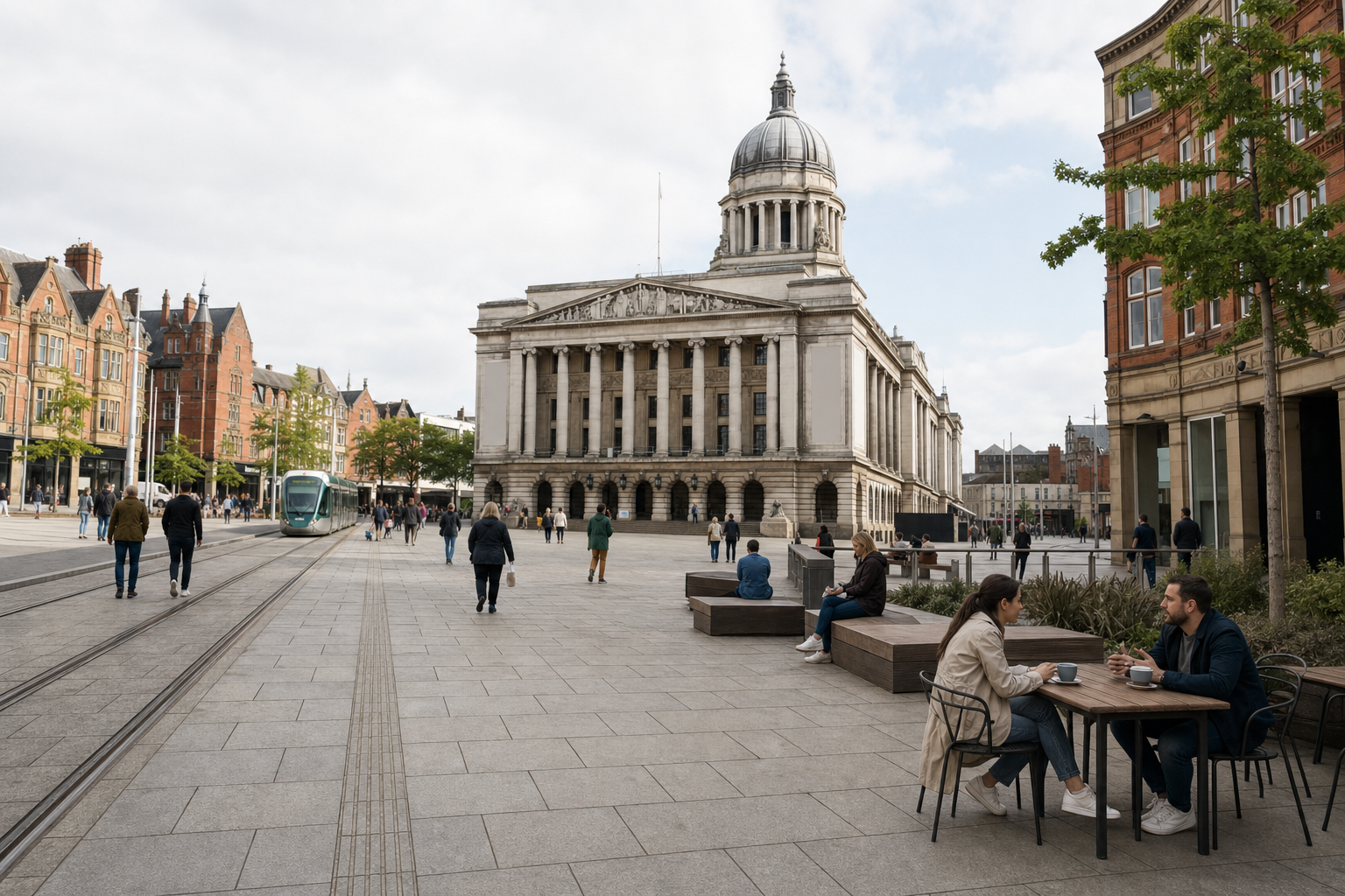 People walking and sitting near a historic building in a city square on a cloudy day.