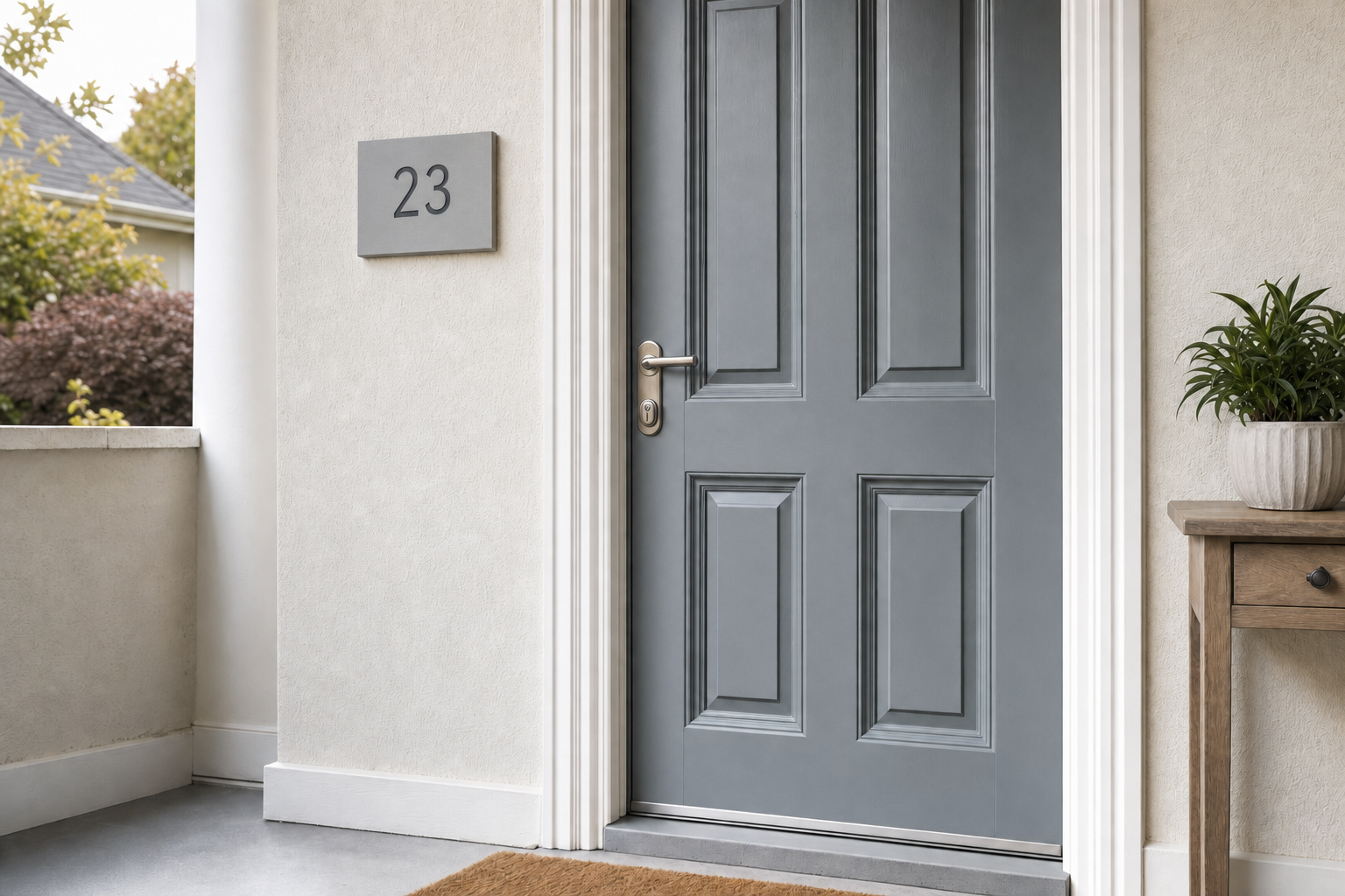 Blue front door with a silver handle, house number 23, and a plant on a wooden table.