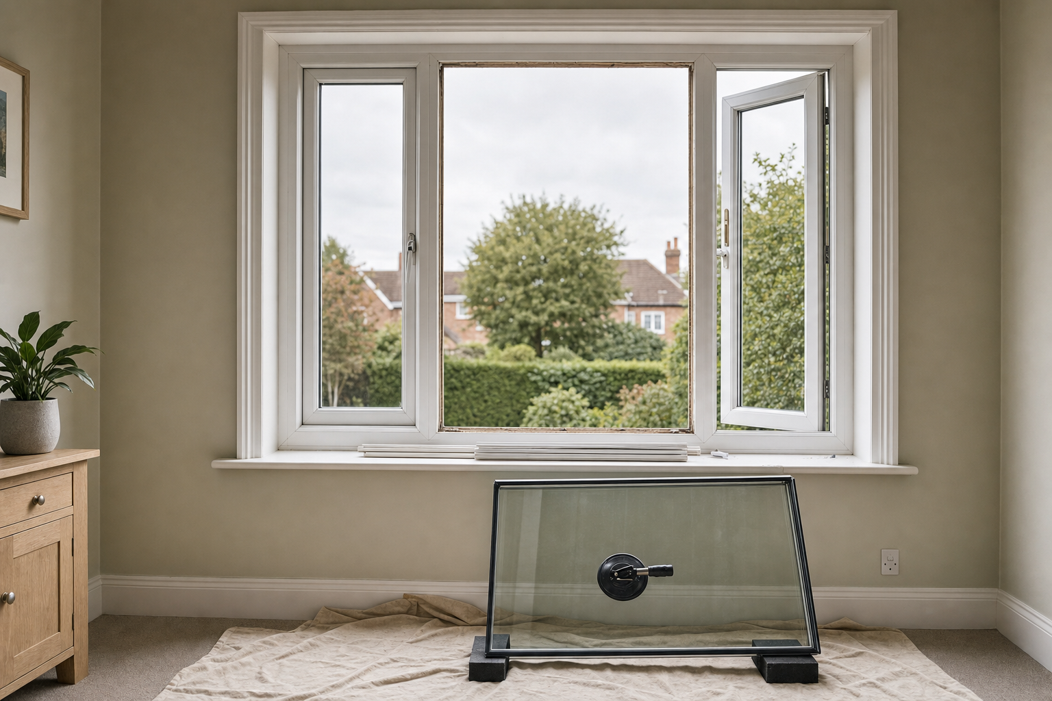 Large window partially open with removed glass pane leaning against the wall in a room with beige walls.