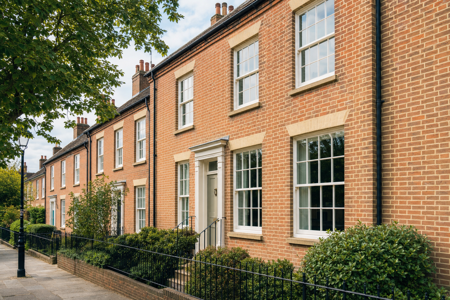 Terraced brick houses with white framed windows and neatly trimmed hedges on a quiet street.