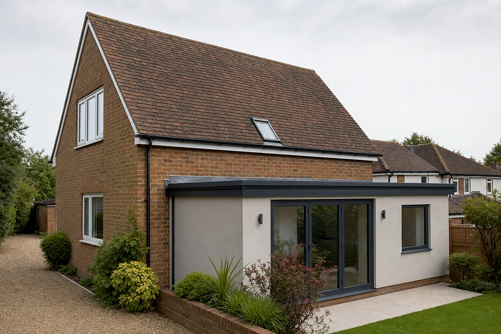 Modern brick house with a gabled roof and glass doors, surrounded by a neatly manicured garden.