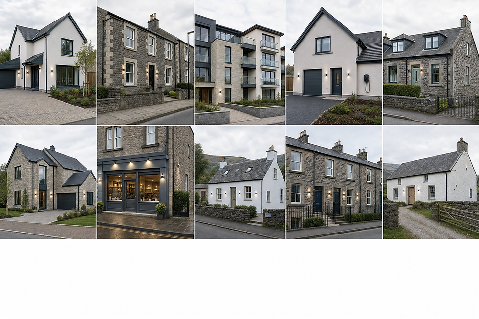 A collage of nine European-style houses and buildings, showcasing various architectural designs and materials.