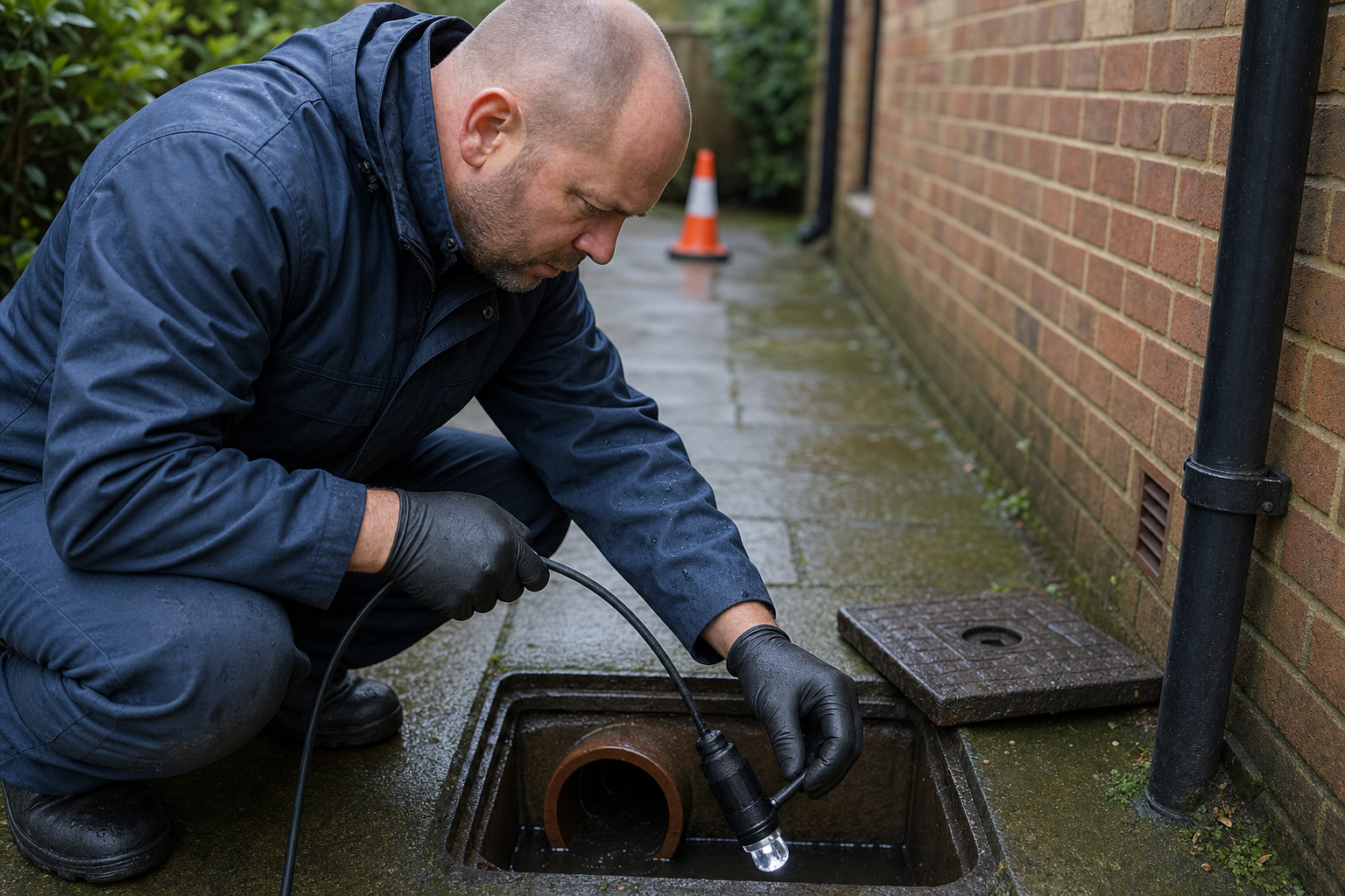 A man in a dark jumpsuit inspects a drain with a camera probe near a brick building.