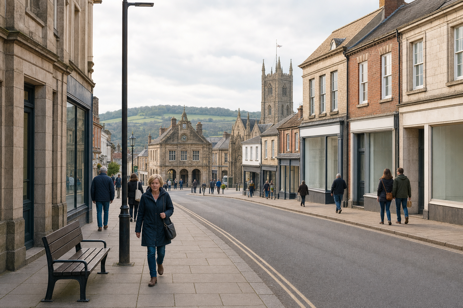 A bustling street scene in a historic town features a clock tower, shops, and people strolling on the pavement.