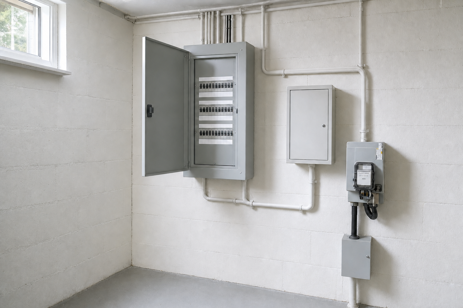 Electric fuse box with open door and visible switches, mounted on a white cement wall.
