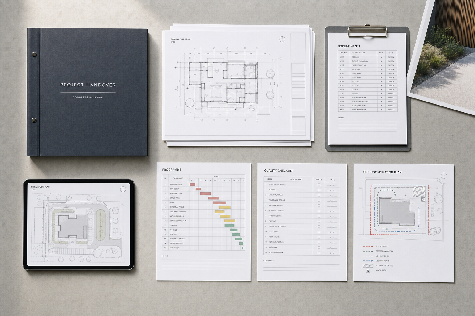 Architectural project documentation including plans, checklists, and a tablet laid out on a desk.