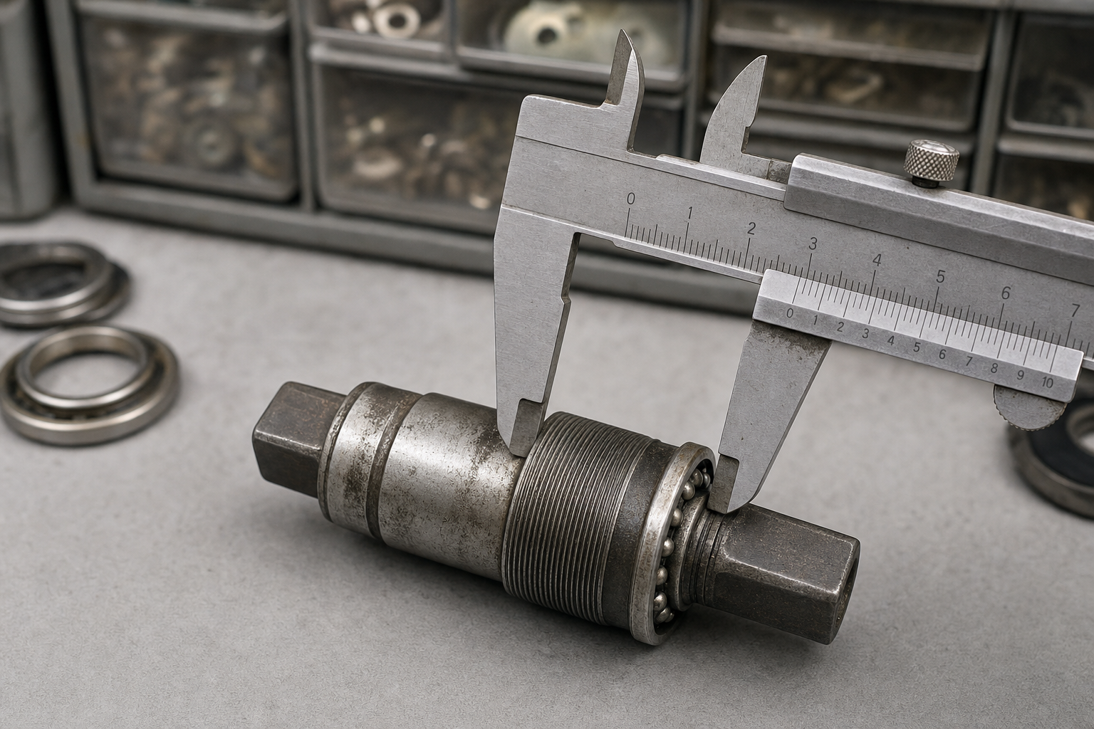 Calipers measuring the width of a metal threaded component on a workshop table.