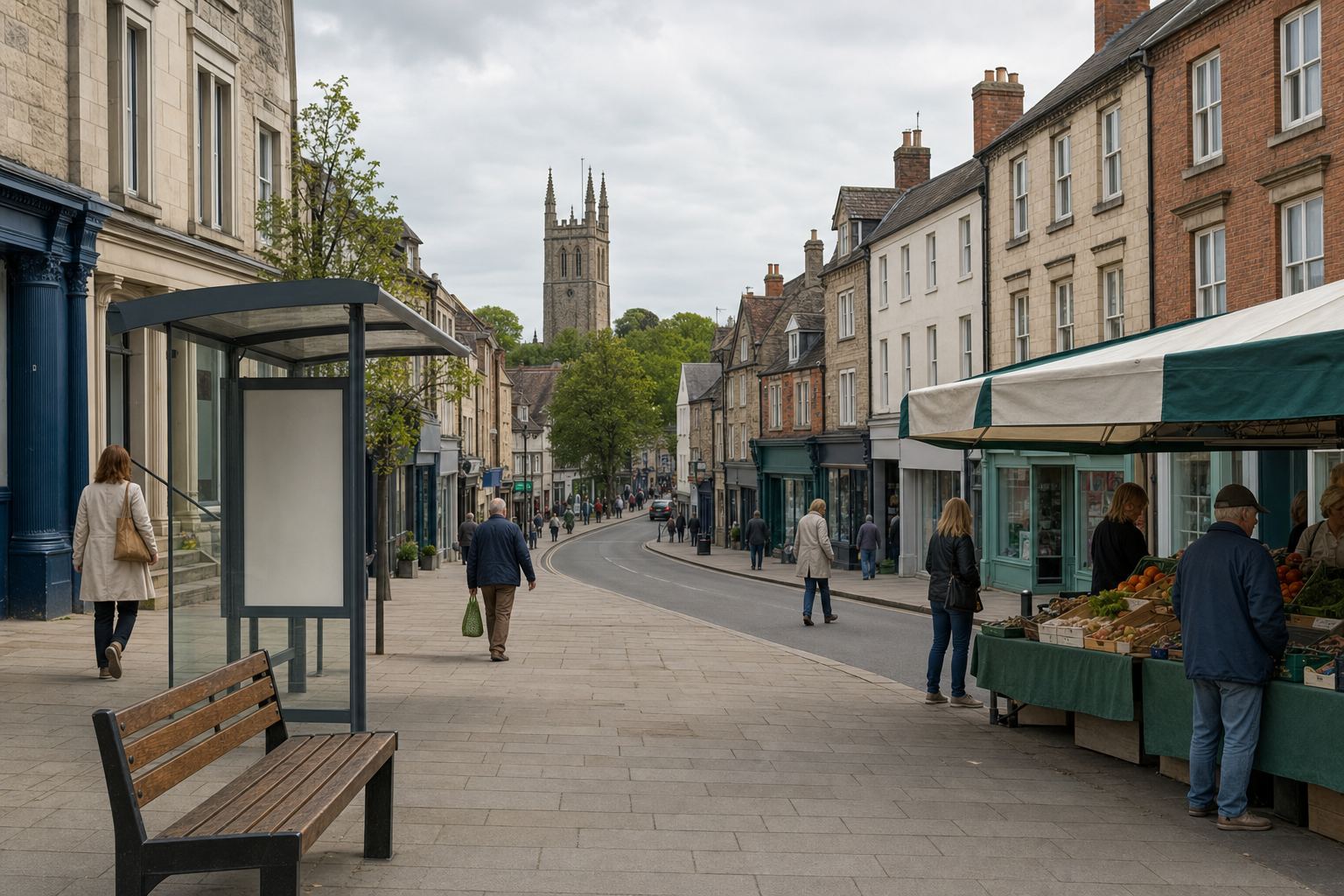 A quaint British high street with people walking past shops, a bus stop, and an outdoor market stall.