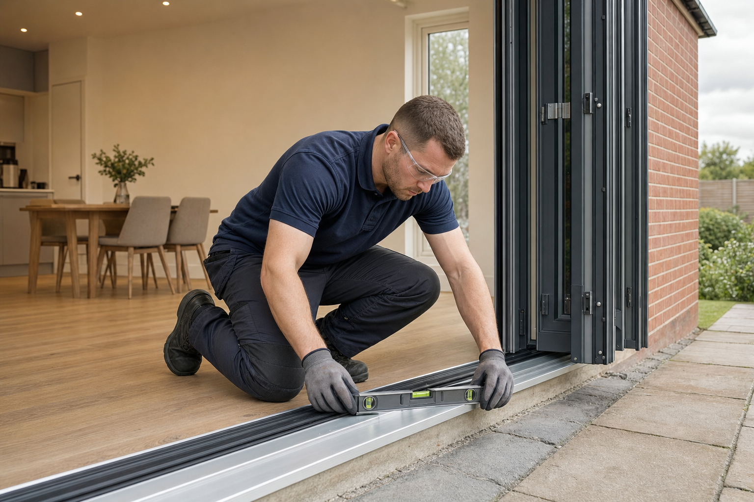 A man wearing goggles and gloves uses a spirit level to install sliding doors at the entrance of a modern house extension.