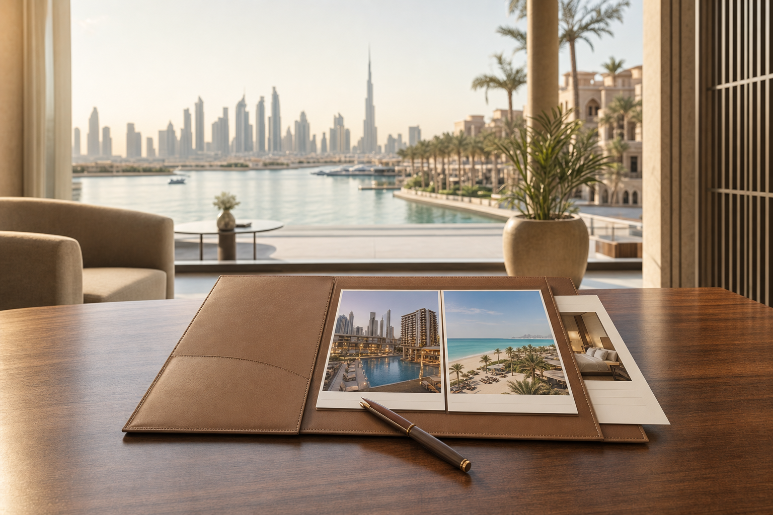 A leather portfolio with travel brochures lies on a wooden table overlooking a city skyline and marina.