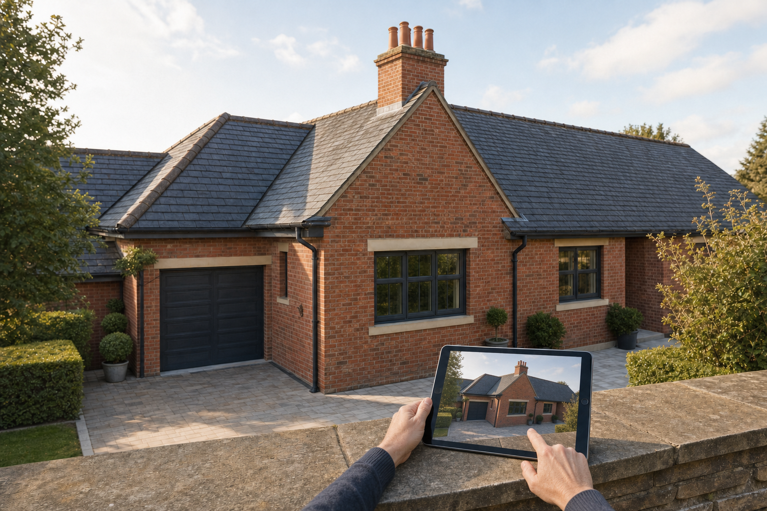 A person holds a tablet displaying an identical image of the brick house in front of them.