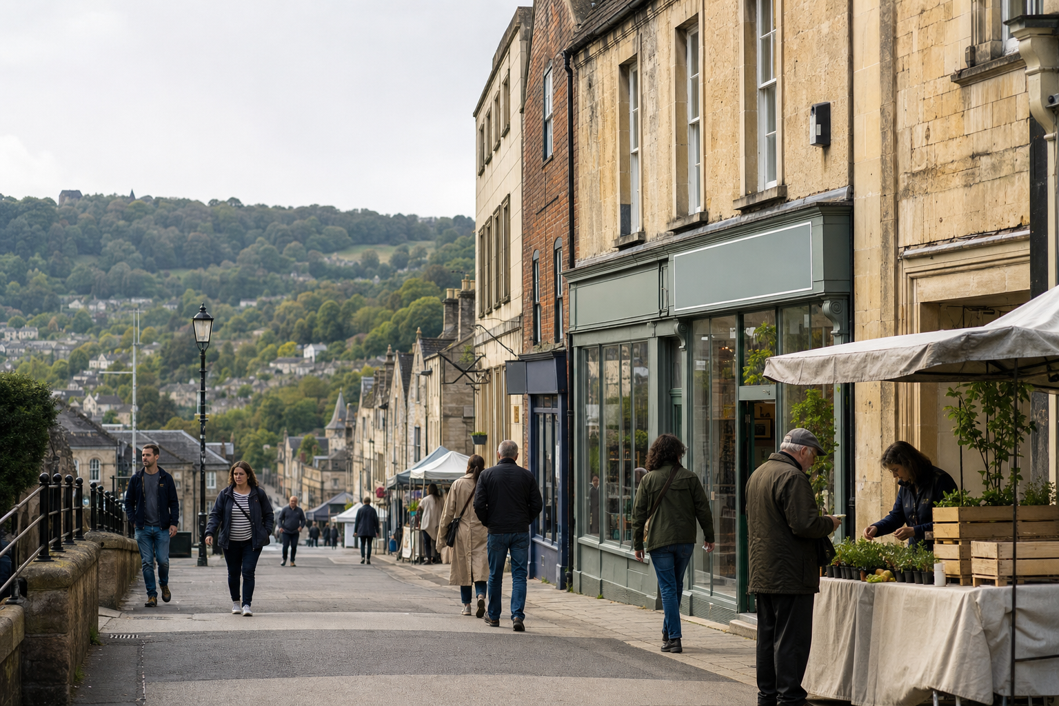 People walking along a quaint street with shops and market stalls in a hilly town.