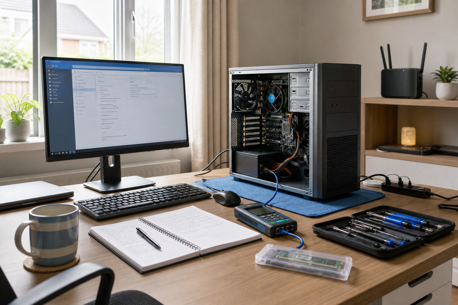 A desktop computer in repair with tools and a monitor displaying settings on a home office desk.