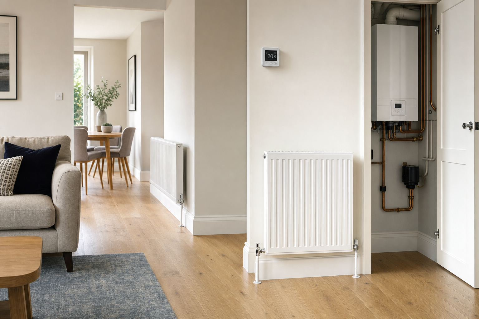 Modern living area featuring a wall-mounted boiler, radiators, and a digital thermostat with wooden flooring.