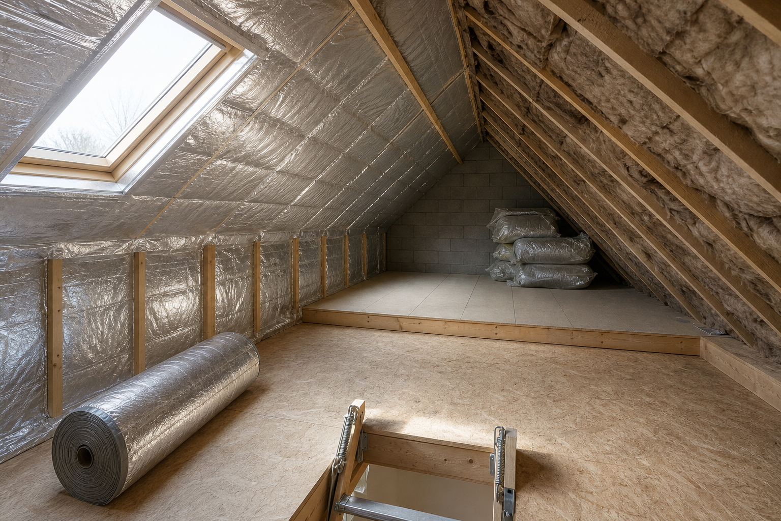 An insulated attic with a skylight, showing a ladder, a roll of insulation, and stacked bags of material in the corner.