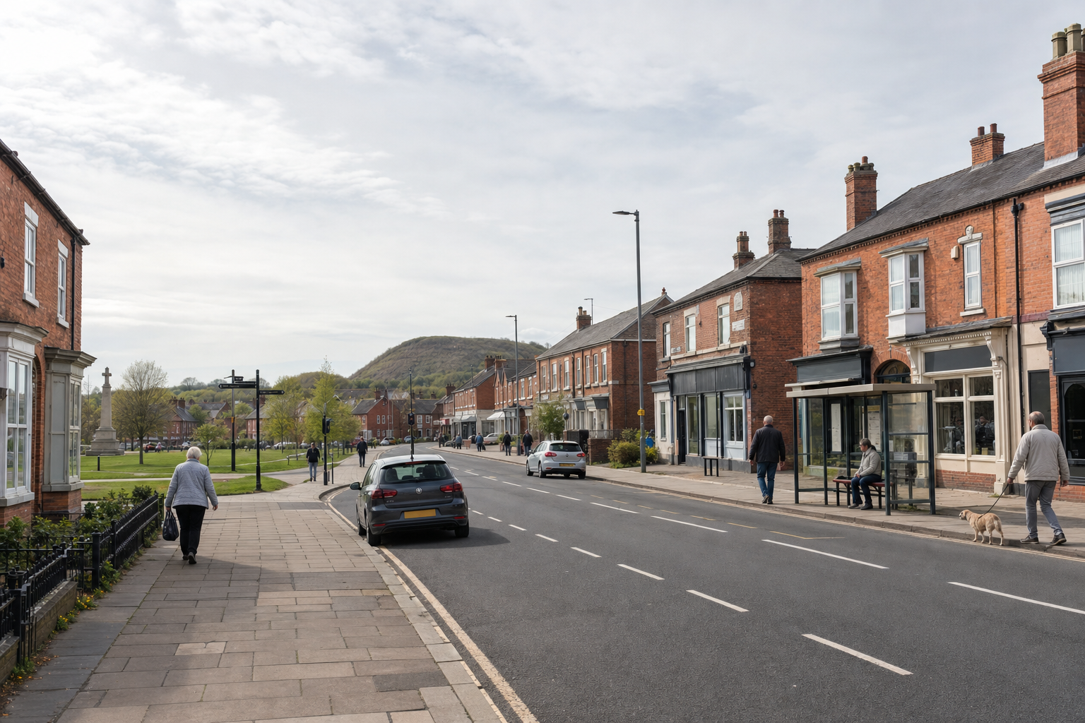 A quiet street with red-brick buildings, a few people walking, and parked cars under a partly cloudy sky.
