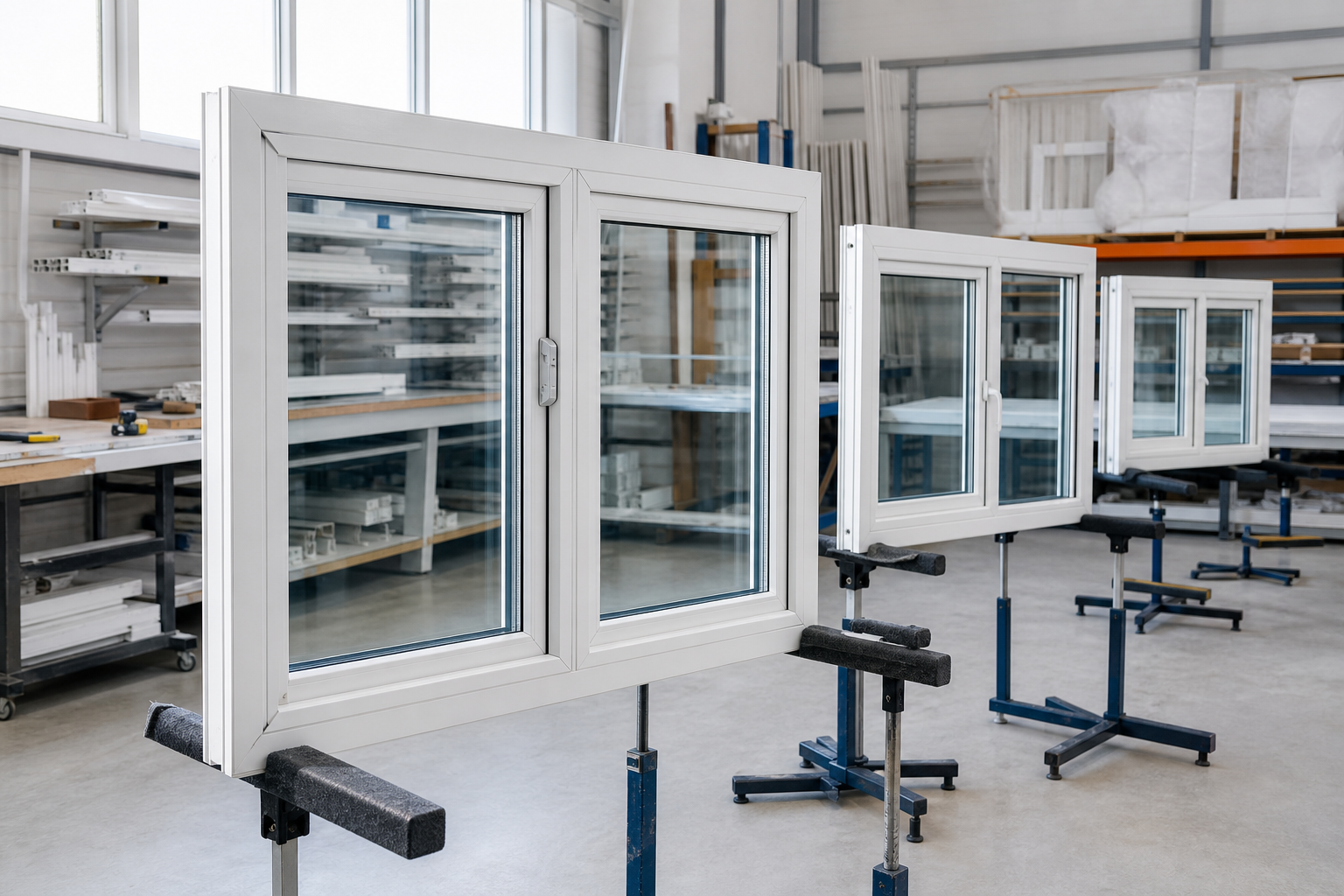 Three white window frames displayed on stands in a factory setting.