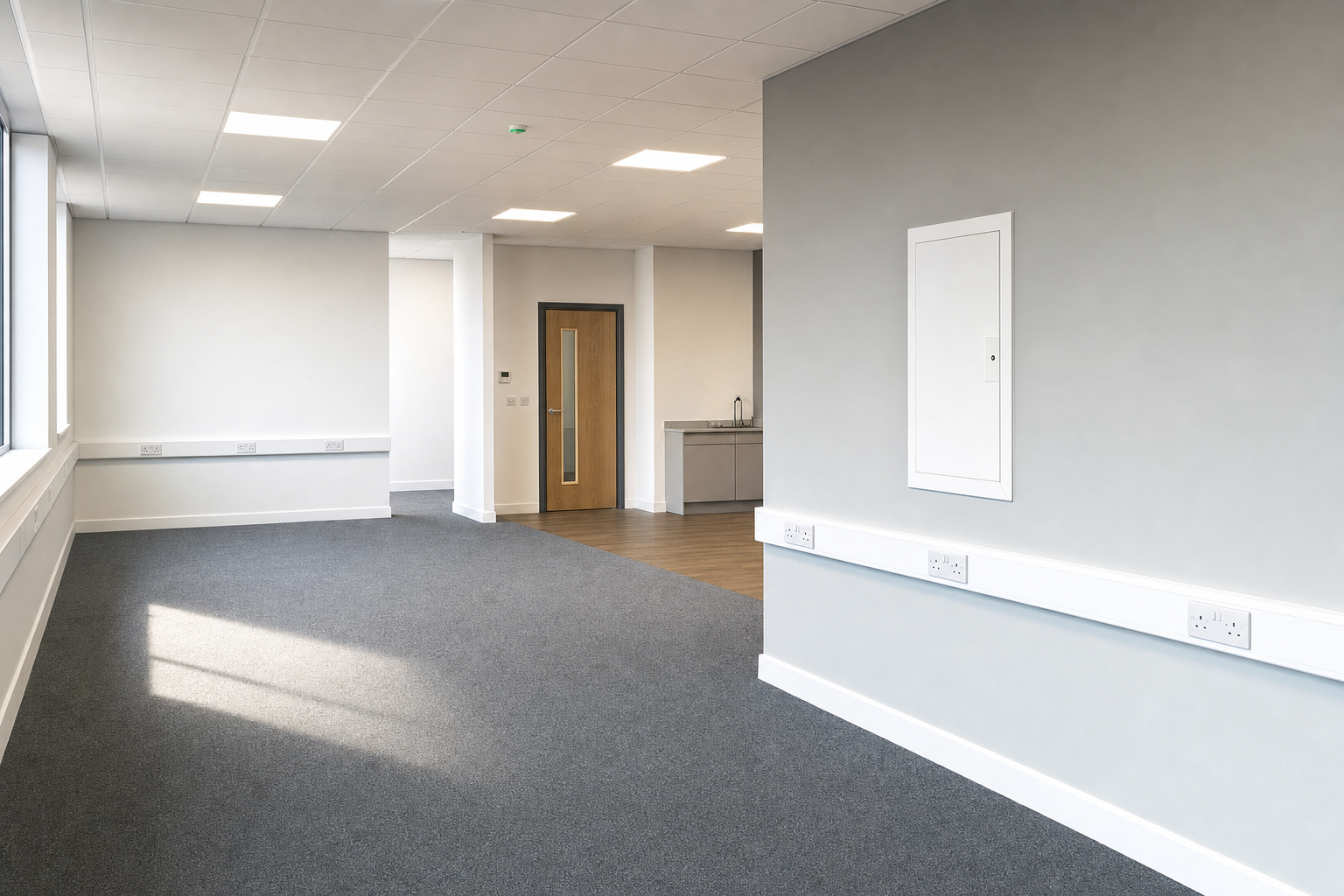 Spacious, modern office interior with grey carpet, white walls, and a wooden door leading to a kitchenette area.