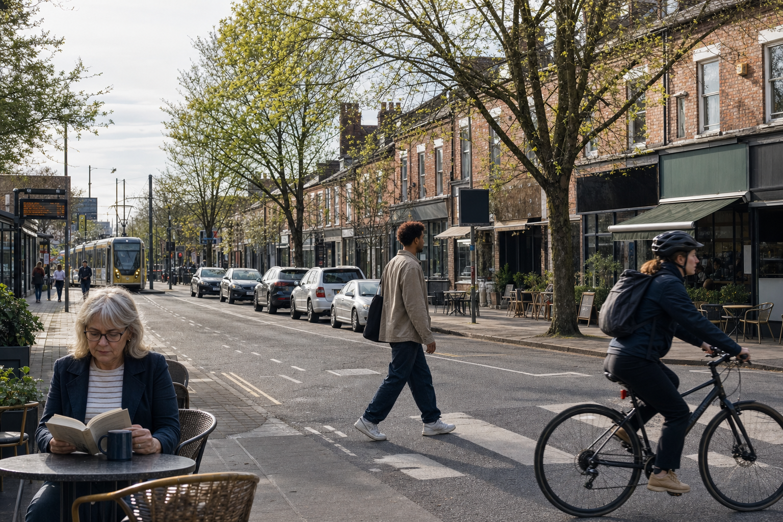 A woman reads at a café table while a cyclist rides by and a tram approaches on a tree-lined street.