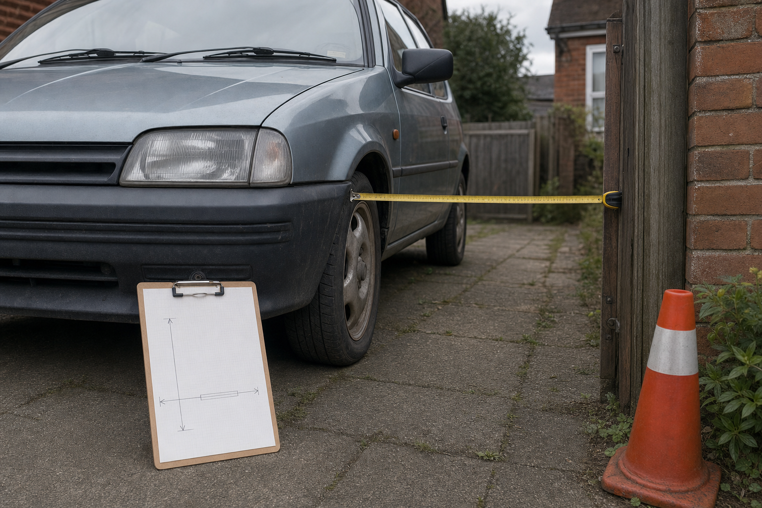 A car is parked on a driveway with a tape measure stretched to a fence post, and a diagram on a clipboard is nearby on the ground.