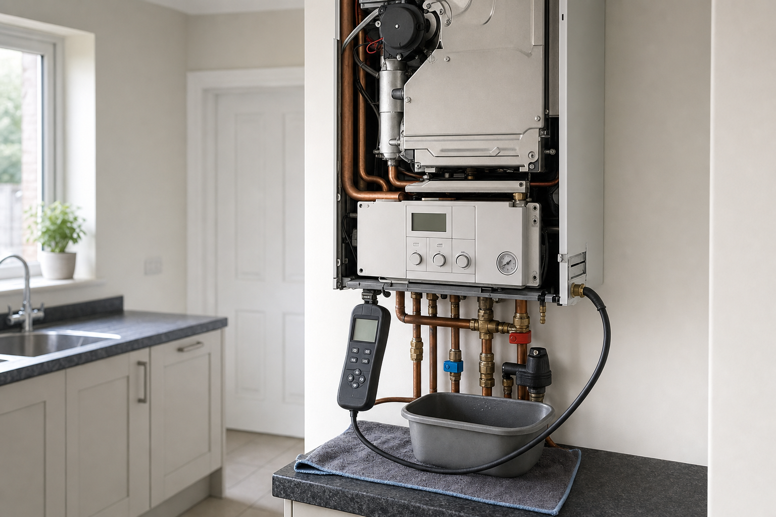 A modern boiler with exposed pipes and controls, mounted on a kitchen wall above a countertop with a basin.