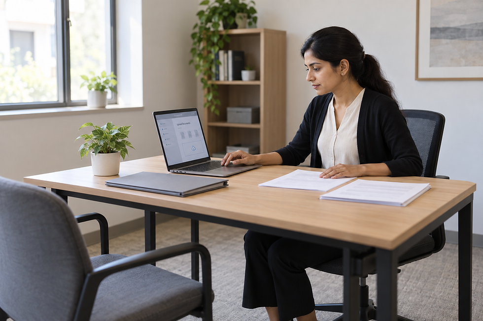A woman works on a laptop at a tidy desk with documents and potted plants, in a well-lit office.