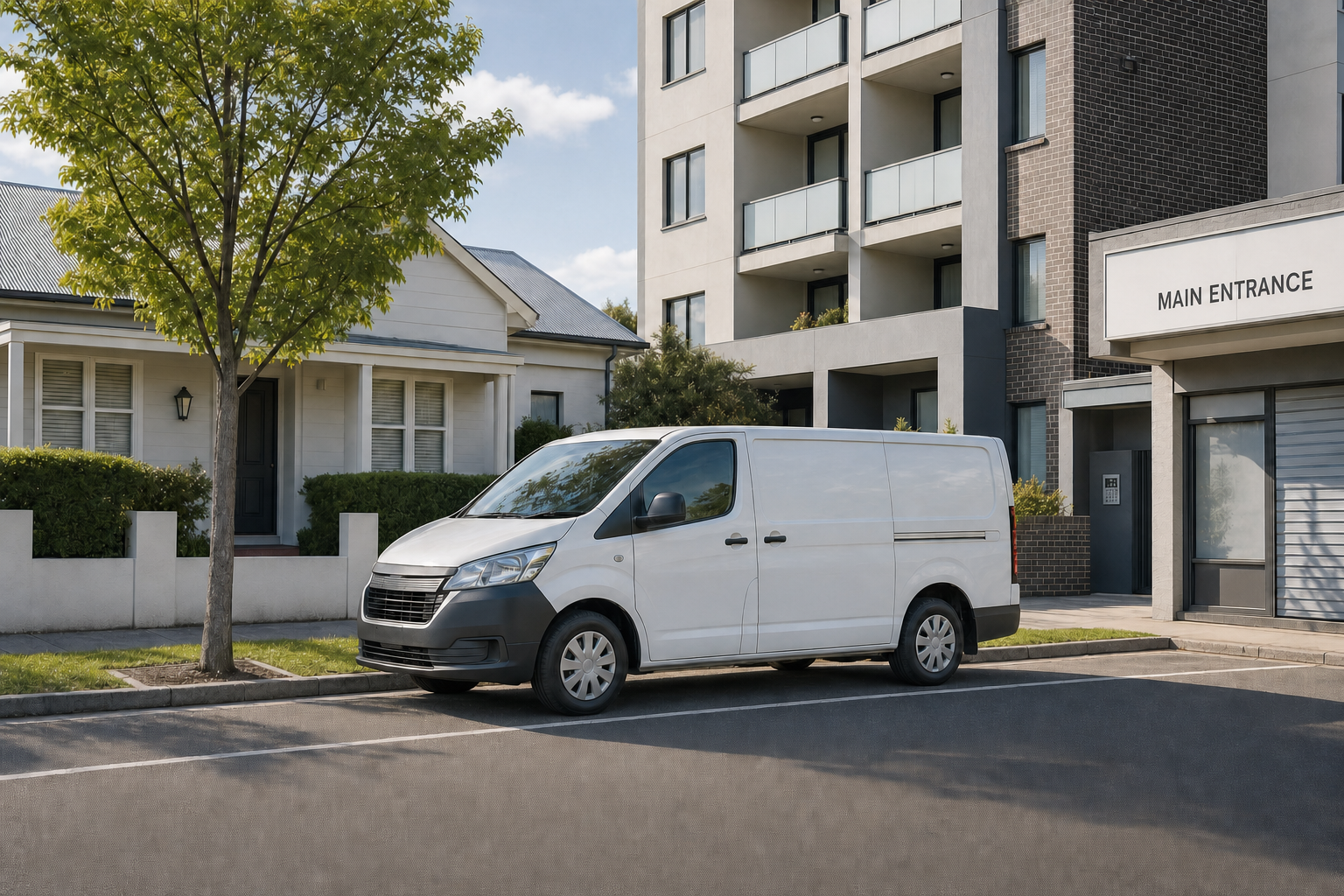 A white delivery van parked on the street in front of modern residential buildings.