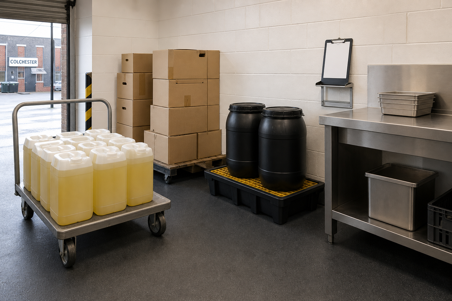 Industrial storage room with stacked boxes, barrels, and jugs on a cart.
