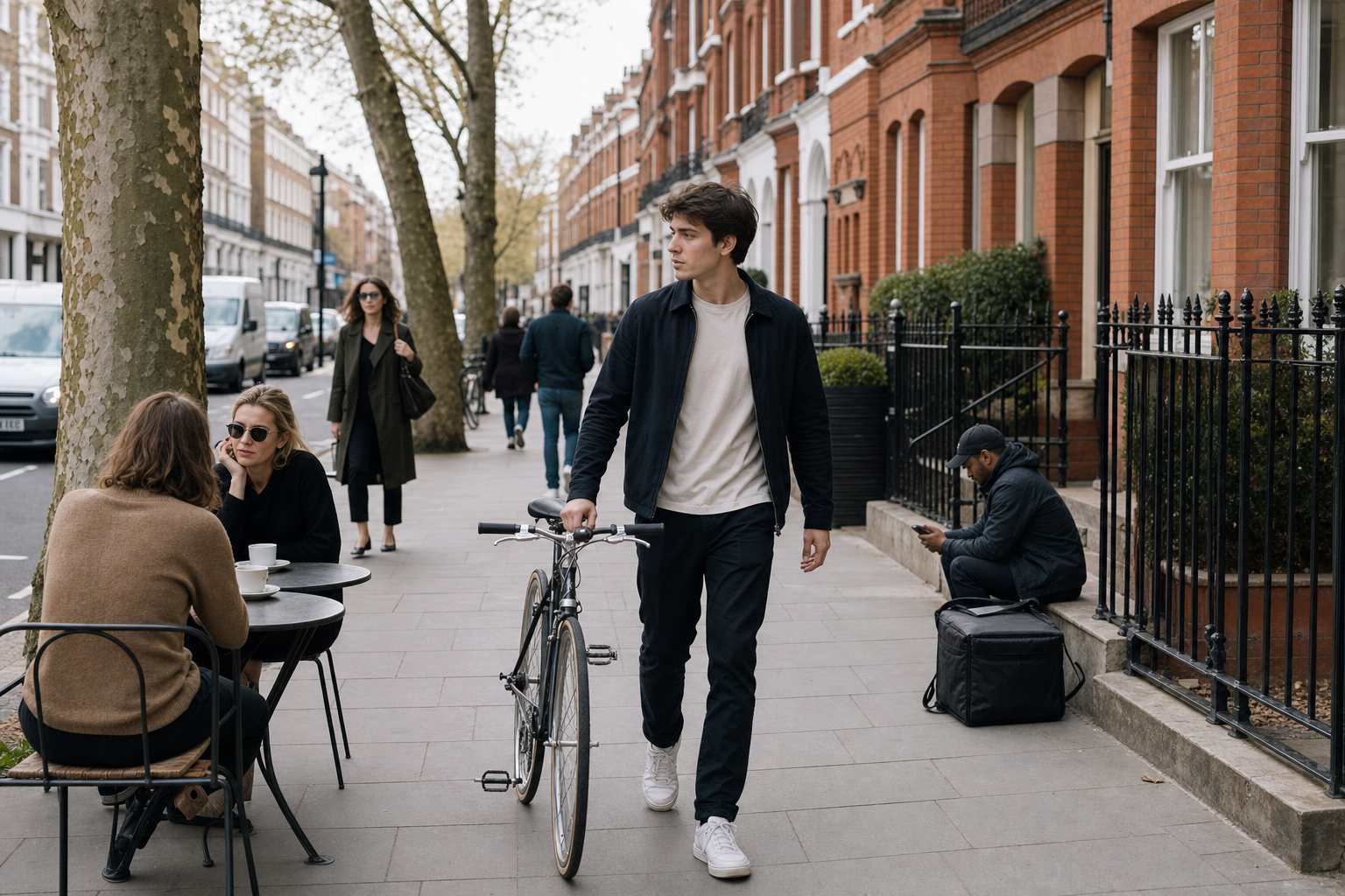 Man walking a bicycle along a city street with people dining at an outdoor cafe and historic buildings in the background.