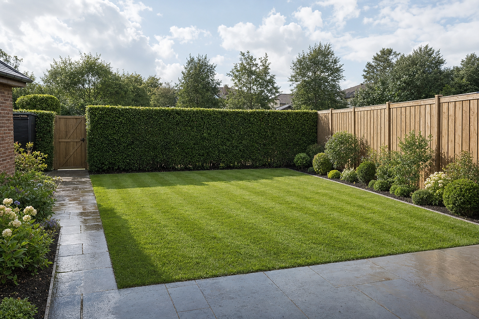 A neatly landscaped garden with a lush lawn bordered by hedges, flowers, and a wooden fence under a partly cloudy sky.