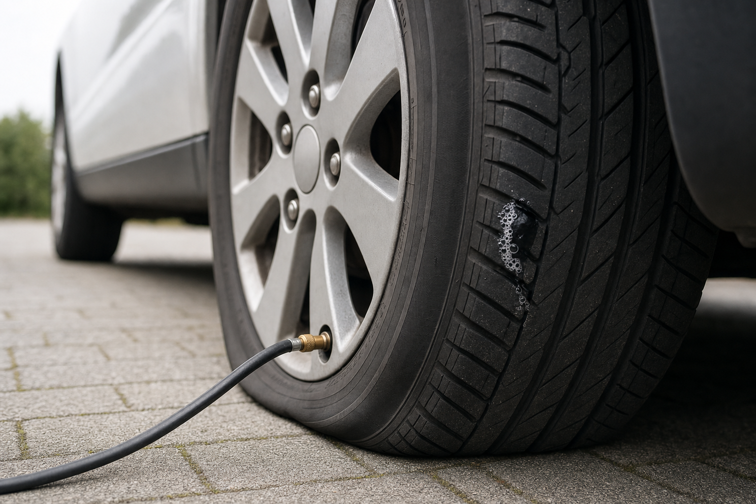 A car tyre with a visible puncture is being inflated using an air hose.