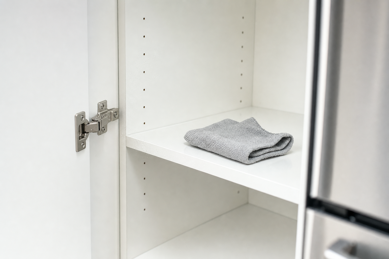 Open white cupboard with a folded grey towel on the shelf.