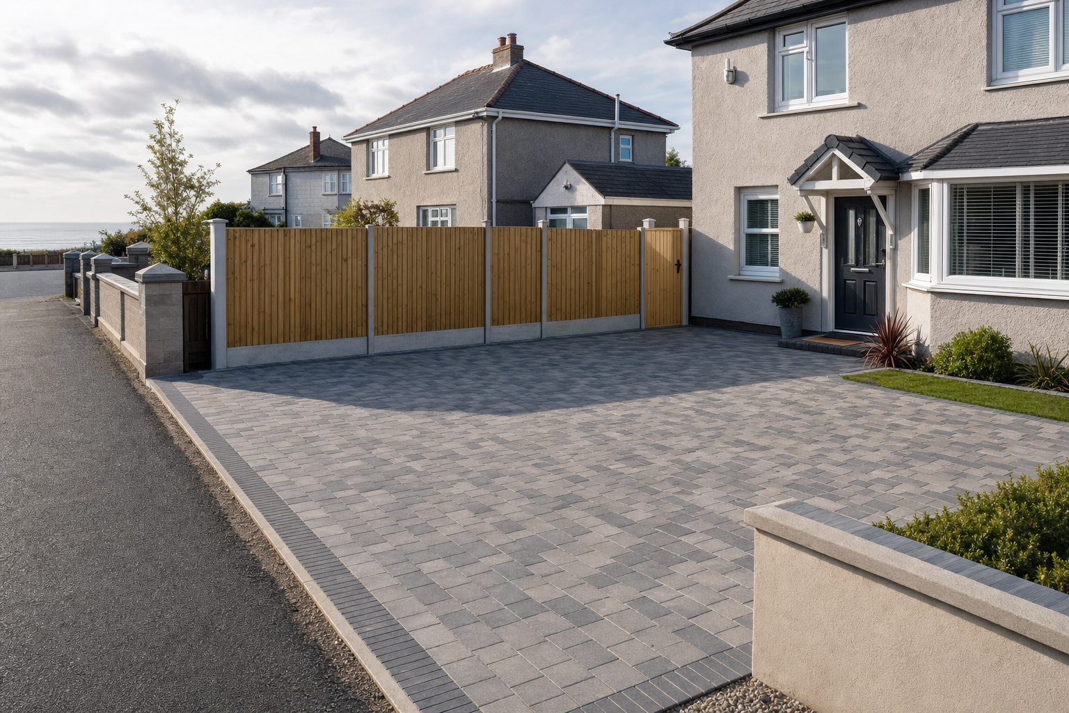 Modern grey brick driveway in front of a detached house with a wooden fence and well-maintained garden.