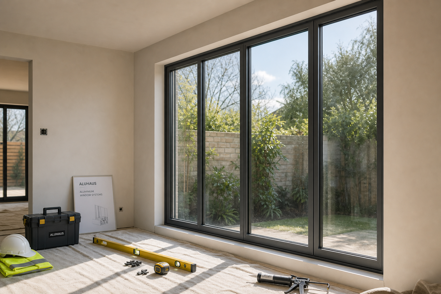Room with large glass doors, showing construction tools and greenery outside.