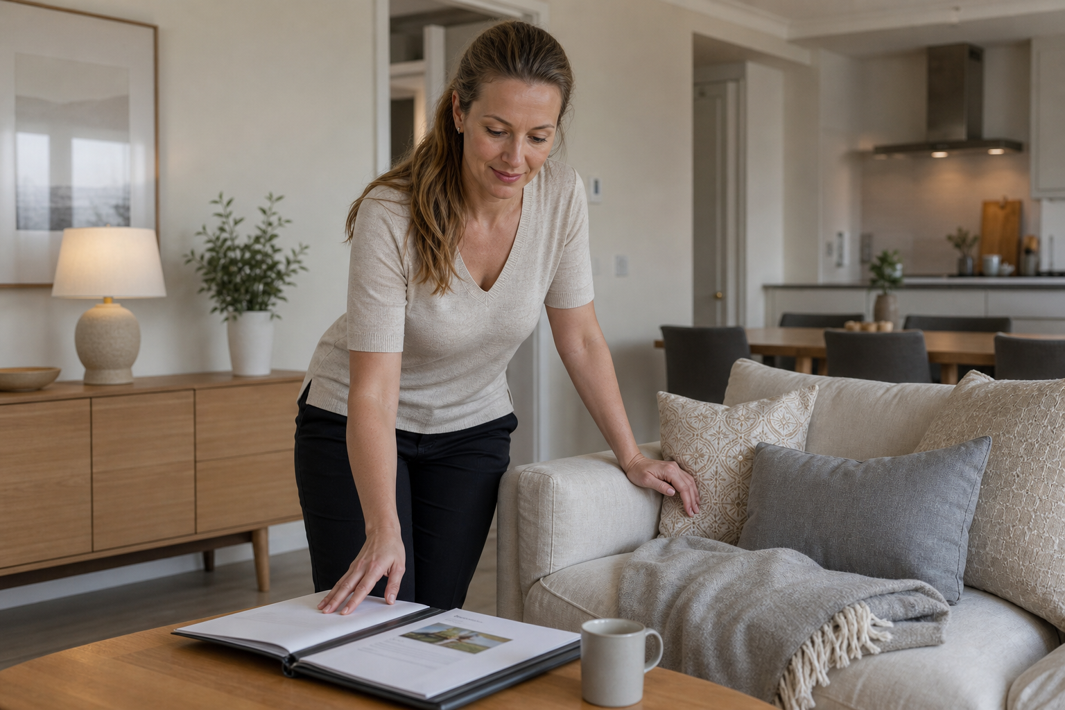A woman stands beside a sofa, looking at an open book on a wooden table in a cosy living room.