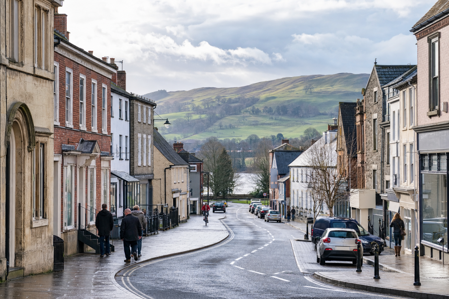 A winding street with pedestrians and parked cars leads to a scenic view of green hills and cloudy skies.