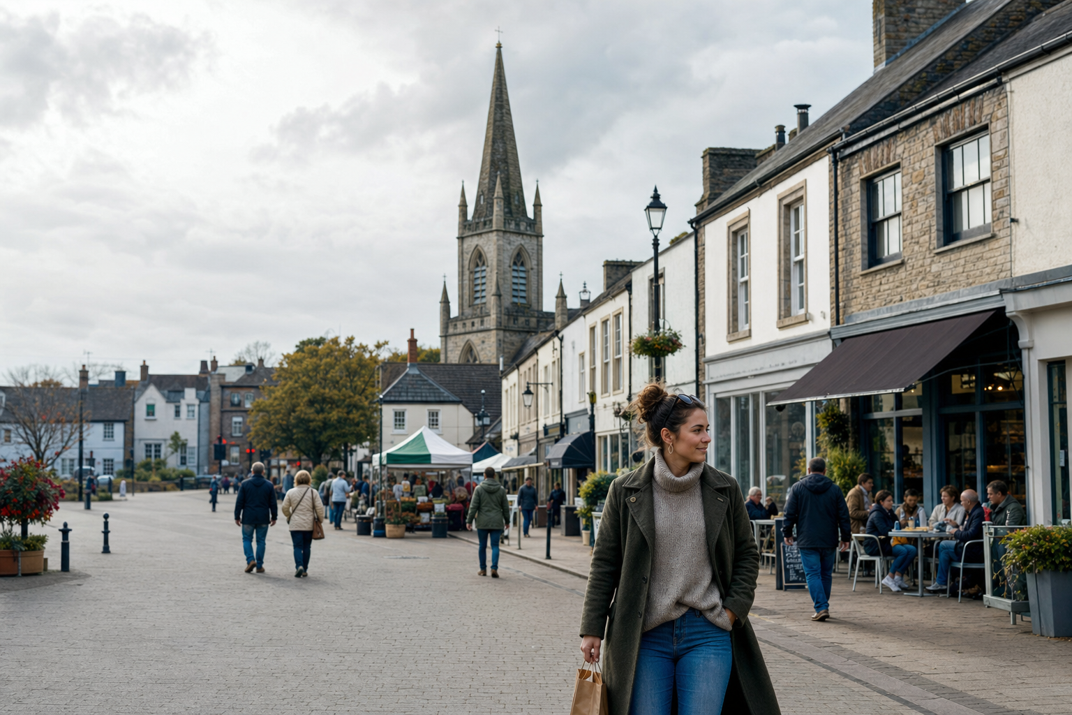 A woman walks through a bustling town square with a church tower in the background.