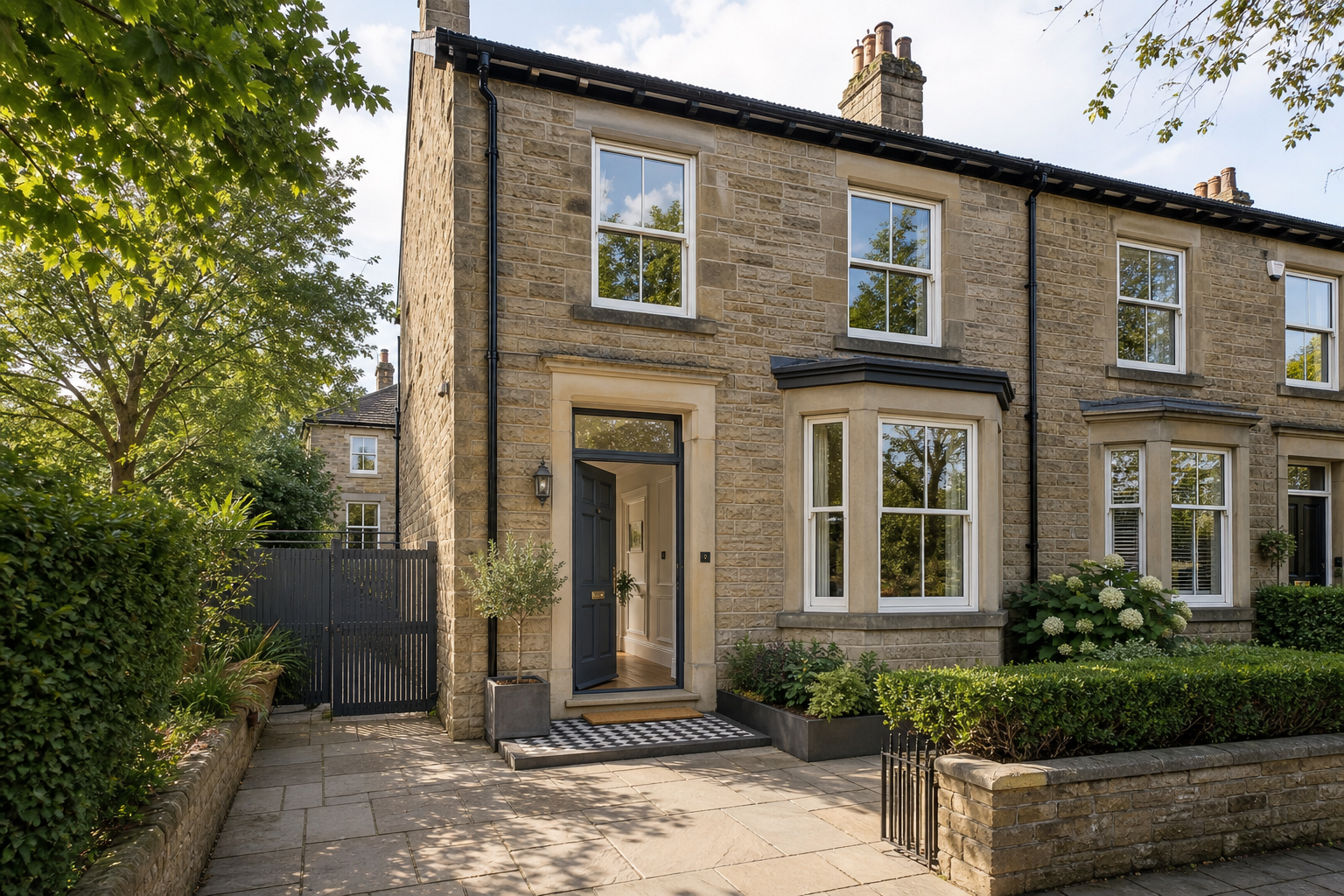 A stone-faced semi-detached house with large windows, a black front door, and a small front garden surrounded by hedges.