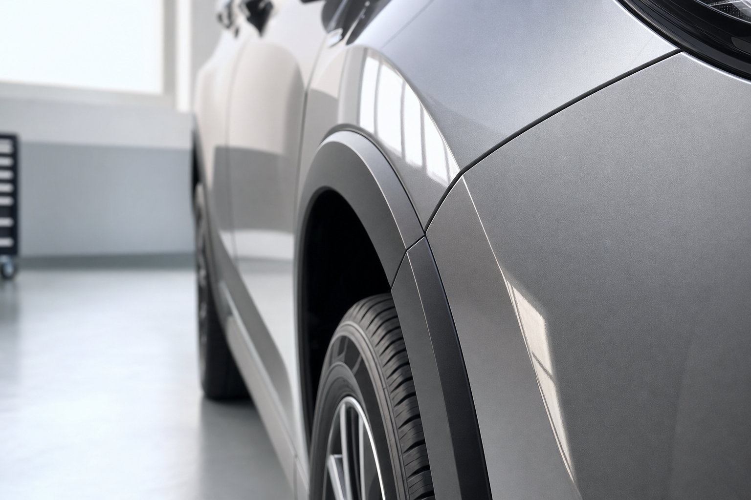 Close-up of a grey car's front wheel arch and tyre in a well-lit garage.