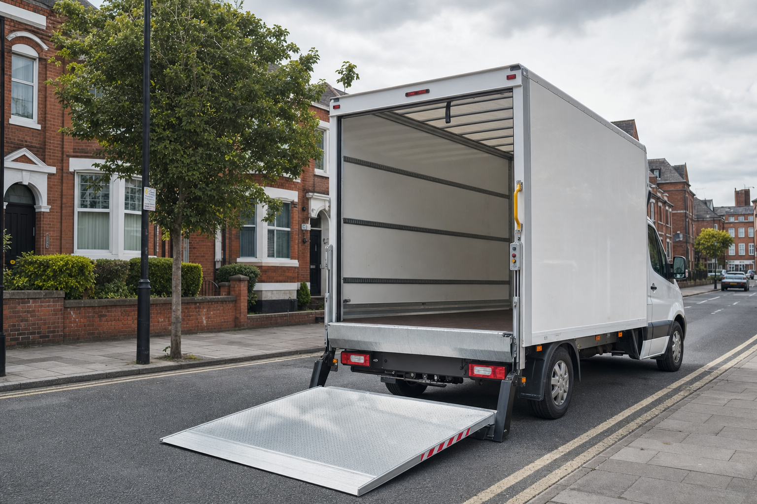An empty white delivery lorry with an open rear door and ramp parked on a residential street.