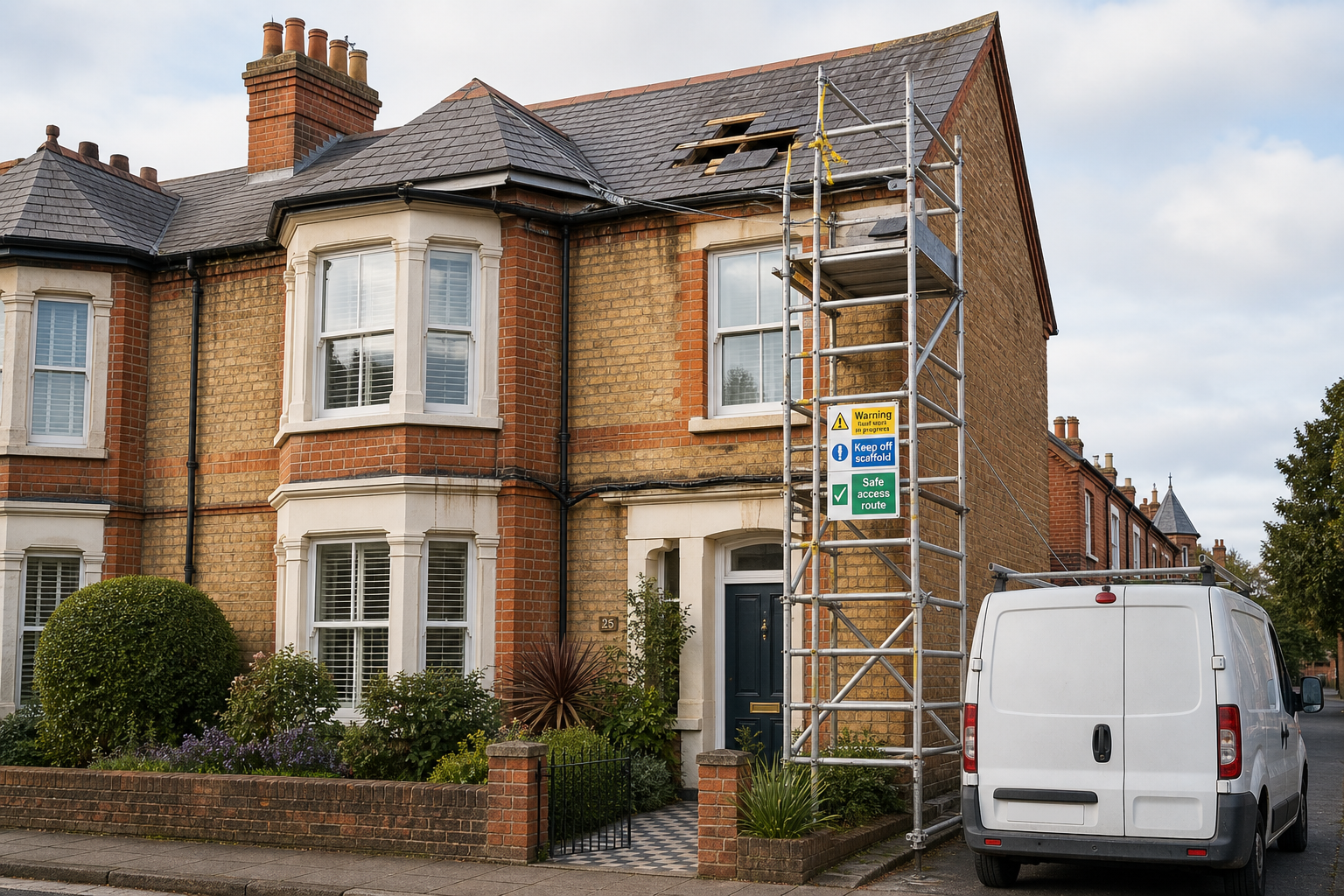 A semi-detached house with scaffolding for roof repairs, alongside a parked white van and safety signs.