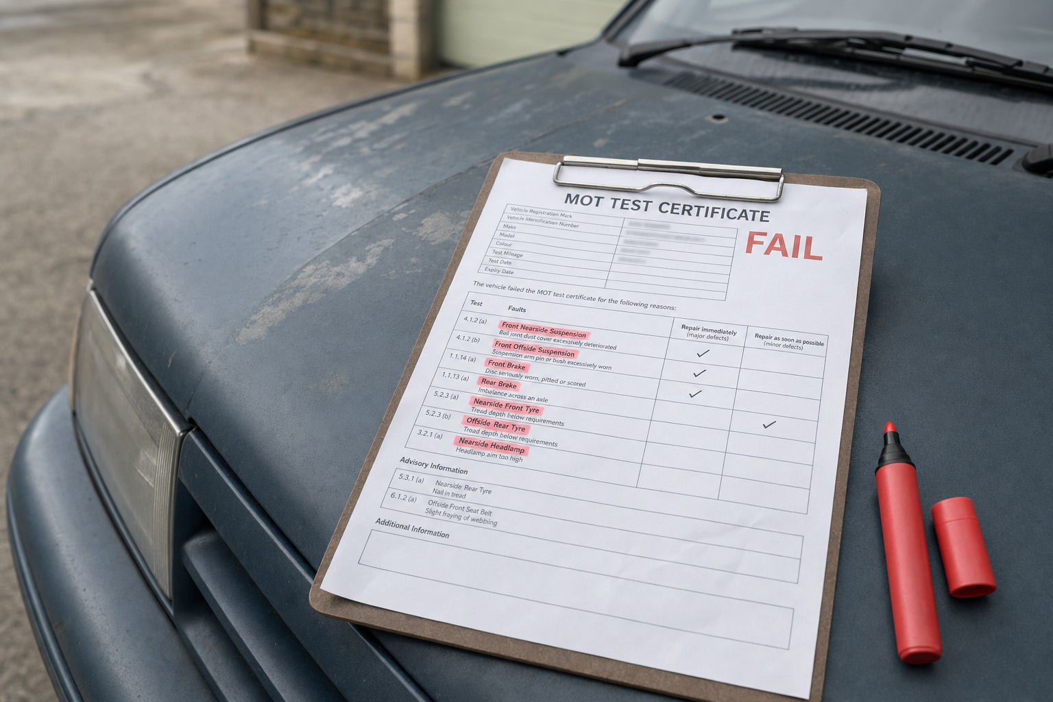 MOT test certificate marked as failed, placed on a car bonnet with a red pen beside it.