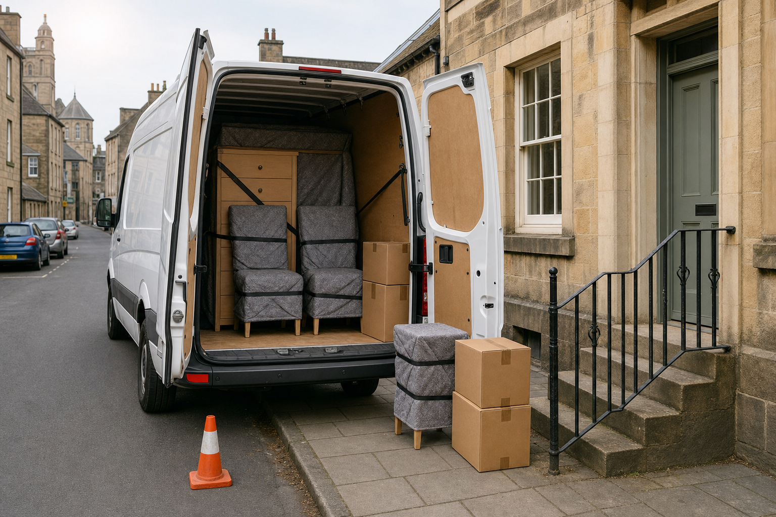 Moving van with open doors parked by a house, containing packed furniture and cardboard boxes.