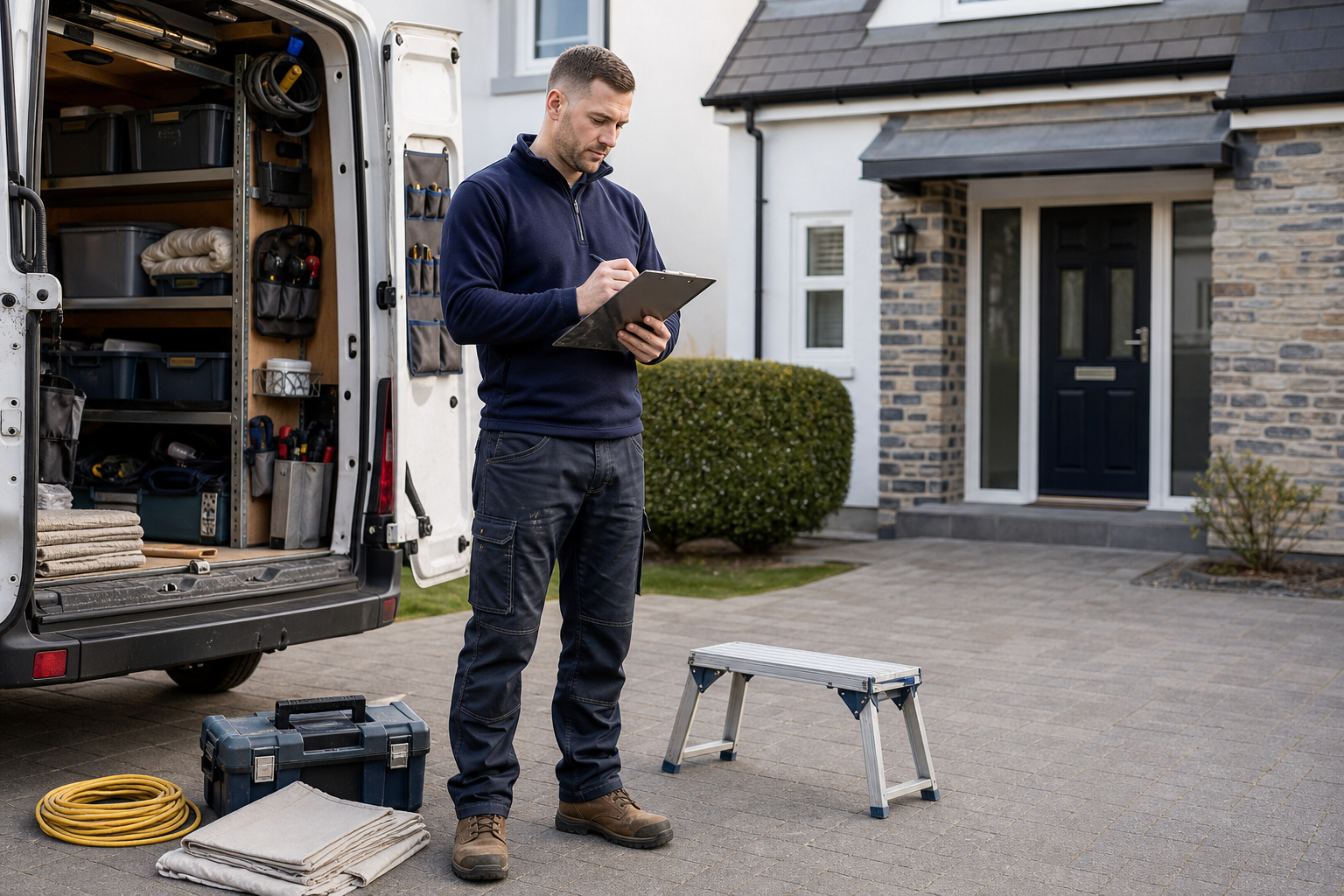 Worker stands by a van taking notes on a clipboard outside a house.