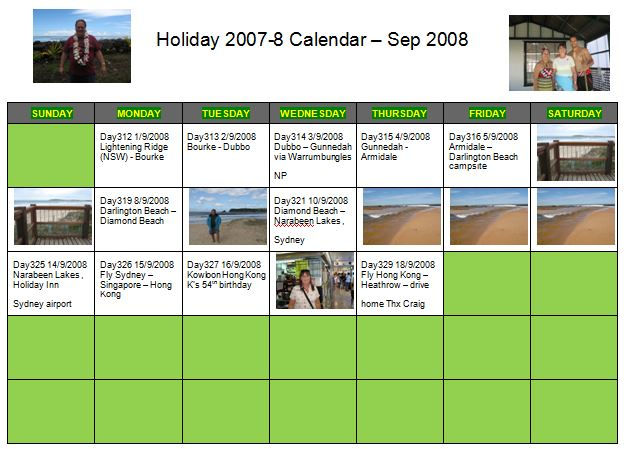September 2008 calendar included in a Travel blog created by KeefH Web Designs