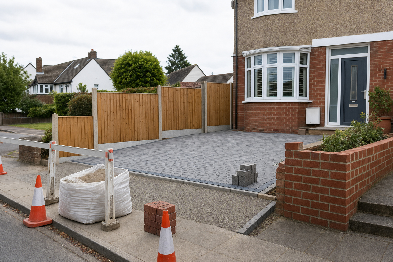 A newly paved driveway in front of a house, with paving materials and traffic cones placed nearby.