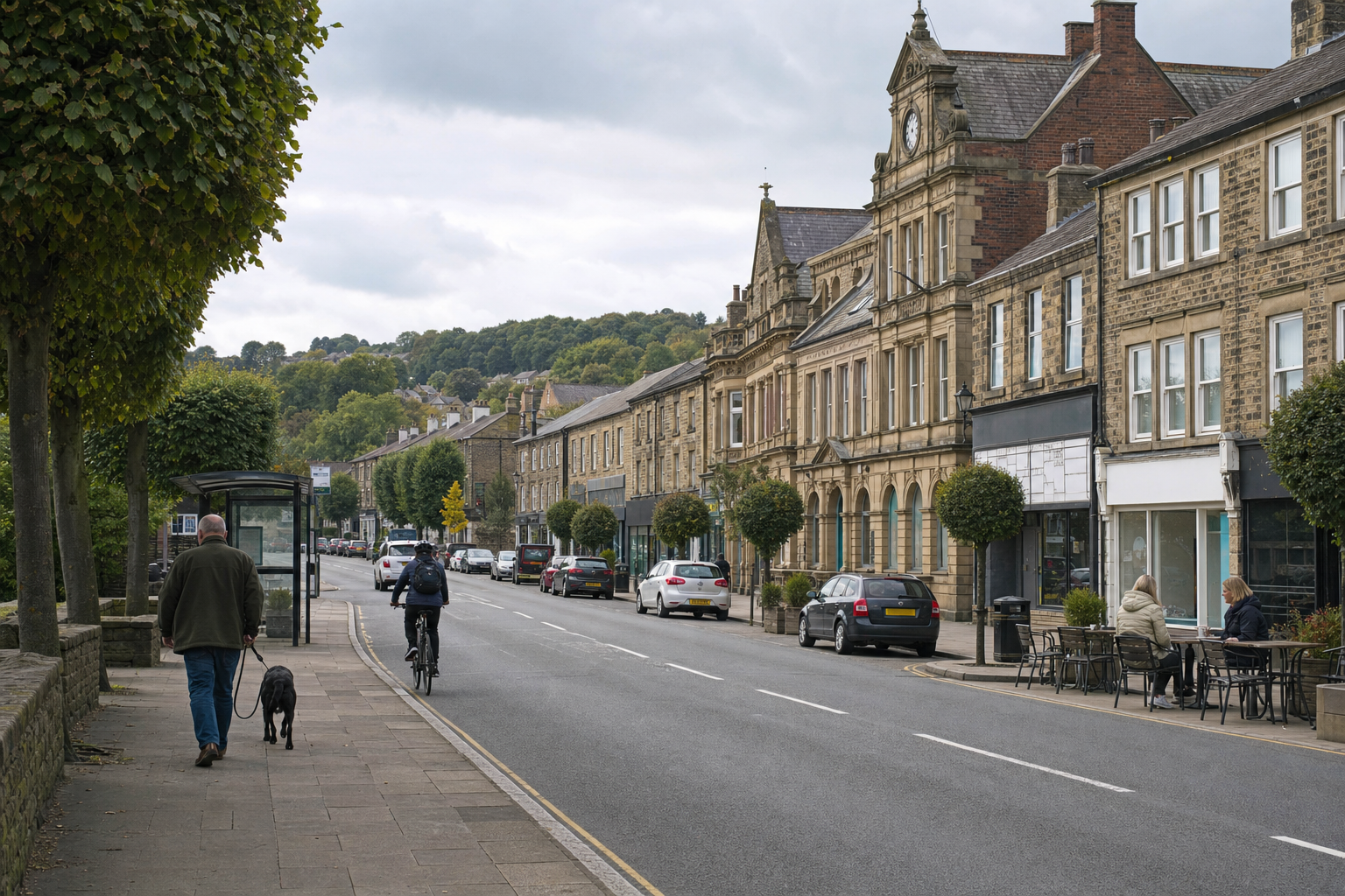 High street view with people, a cyclist, and a dog walker, lined by stone buildings and leafy trees.
