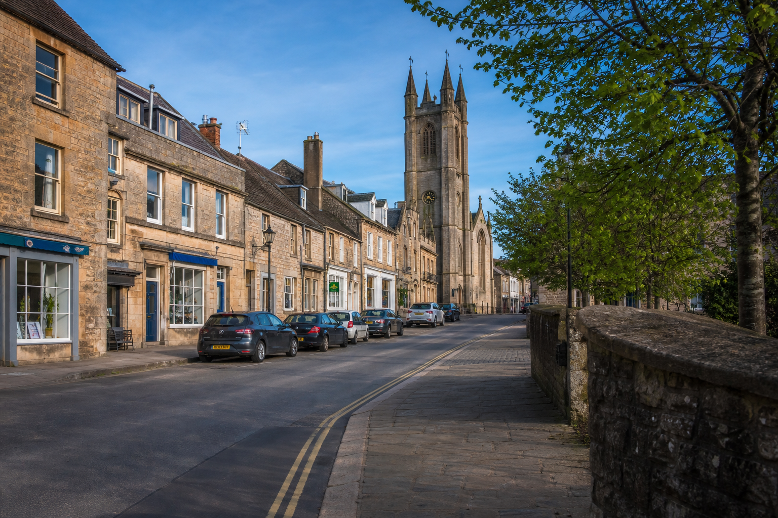 Historic street lined with stone buildings and a prominent church tower on a clear day.