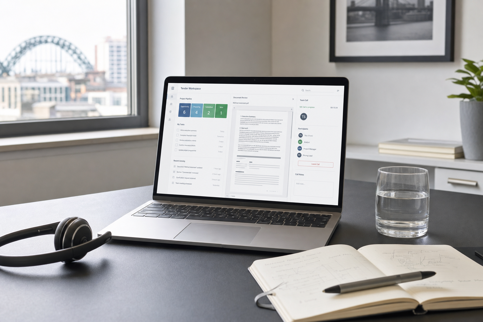 Laptop displaying a project management workspace on a desk with notebook, pen, headphones, and a glass of water, overlooking a cityscape.